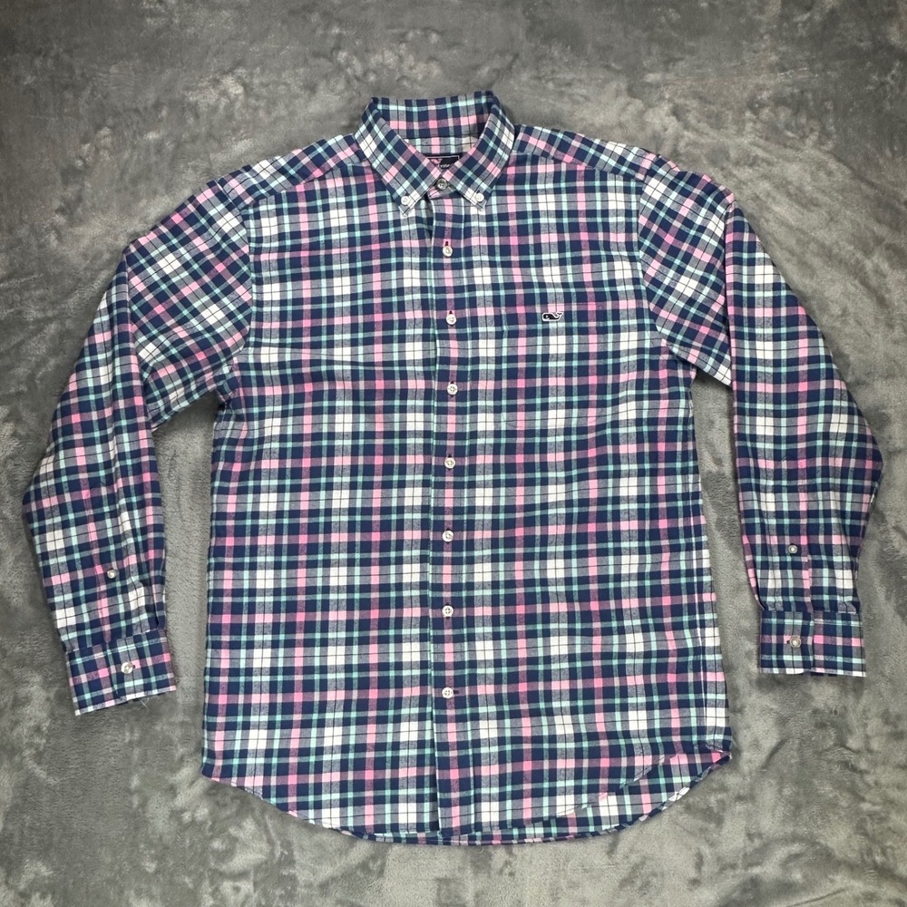 Vineyard Vines Performance Classic Fit Tucker Shirt Pink Blue Plaid Mens Medium